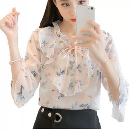 Women s Blouses Shirts Chiffon Korean Women Summer Bow Tie Stand Collar Floral Printed Shirt Top Casual Pink Black Lady Blusas Femininas 230303