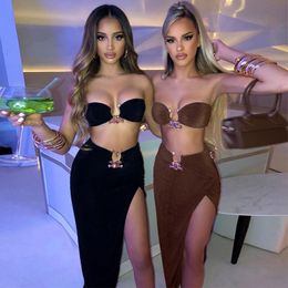 Skirt s Set Metal Ring Decoration Off Shoulder Tube Tops High Waist Side Slit Irregular Suits 230303