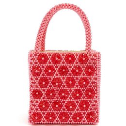 pink six Petal water drop woven women's Pearl handbag flower heart design brand bag 230304