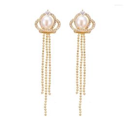 Stud Earrings Season Design Long Gold Earring With Crown Contain Exquisite Pearl Tassels Style Women Decoration Important Dinner