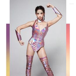 Stage Wear Nightclub Costume Festival Outfit Rave DJ Clubwear Shiny Pink Leather Gogo Dancer Costumes Futuristic Clothing