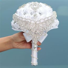 New white wedding bride holding flowers artificial bouquet ribbon rhinestone pearl bouquet decoration bride groom dance