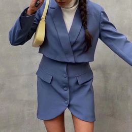 Two Piece Dress Evfer Womens Spring Autumn V Neck Za Short Blue Jackets Office Lady High Waist Casual Blazer With Skirts Suits Female Solid Suit 230303