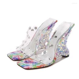 Slippers Summer Transparent PVC Open-toe Rhinestone Wedge Heel High-heeled Banquet Dress All-match Large Size Women's Sandal