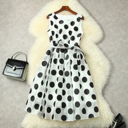 Summer Short Sleeve Round Neck Dress White / Black Retro Polka Dot Belted Mid-Calf Elegant Casual Dresses 22A193060