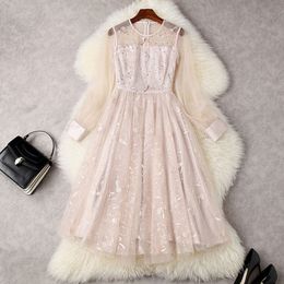 Summer Long Sleeve Mid-Calf Dress Nude Pink Solid Colour Round Neck Tulle Embroidery Sequins Elegant Casual Dresses 22A194007