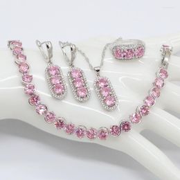 Necklace Earrings Set Pink Fashion Jewellery For Ladies High Quality Beautiful Round Baguette Shape Cubic Zirconia