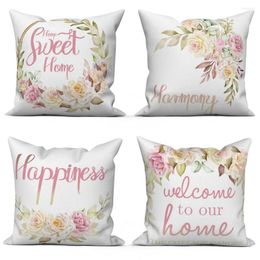 Pillow Flower Plant Pink Letter Decorative Pillowcase Polyester Sofa Throw Cover Sweet Home Bed Car Decor