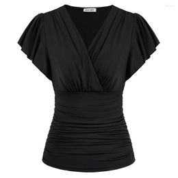 Women's Blouses Women Ruched Slim Fit Tops Casual Short Flounce Sleeve Surplice V-Neck Elegant Wrap Blouse A30