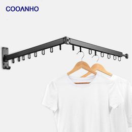 Hangers & Racks COOANHO Wall Mounted Folding Clothes Hanger Indoor/Outdoor Adjustable Drying Rack Storage Organiser Closet Matte Black