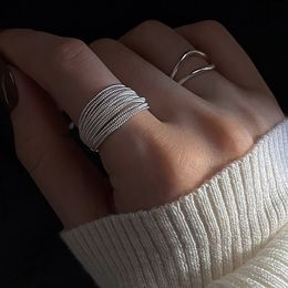 Sterling Silver Unique Lines Rings For Women Jewellery Finger Adjustable Open Vintage Ring For Party Birthday Gift