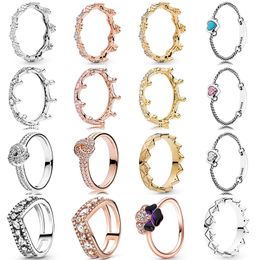 925 Silver Women Fit Pandora Ring Original Heart Crown Fashion Rings Marquise Double Wishbone Pansy Flower Crown Solitaire Crystal