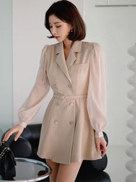 Casual Dresses Korean Style Elegant Office Dress For Women 2023 Notched Neck Double Breasted Belt Mini Sexy Street Clothes Blazer Female