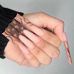 False Nails 24pcs Detachable DIY Love Heart Full Cover Super Long Brown Wavy Fake Water Pipe Nail