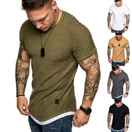 Men's T Shirts Summer Men's T-Shirts Pleated Wrinkled Slim Fit O-Neck Short Sleeve Muscle Solid Casual Tops Fashion Basic Tee