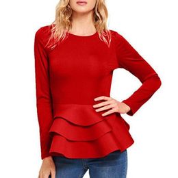 Women s Blouses Shirt Ruffle Hem Long Sleeve Blouse Lady Round Neck Slim Fit Tops AM2247 230303