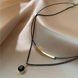 Pendant Necklaces Double-layer Leather Rope Crystal Clavicle Chain Black Dark Line European And American Style Women's Sweater Necklace