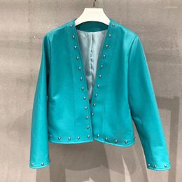 Women's Leather Blue Colour Coat Spring Women Fashion Short Length Genuine Jacket V-Neck Collar Clothes With Rivet
