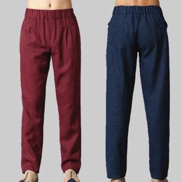 Men's Pants One Size Cotton Linen Comfortable Men Casual Trousers Soft Natural Flax All Match Two Pockets 4Colors