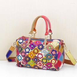 Evening Bags Real Leather Women's Colourful Random Spliced Handbag Casual Shoulder Messenger Flowers Stitching Bag Female Square Tote 297