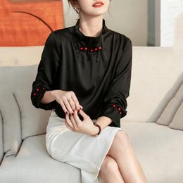 Women's Blouses European Fashion Vintage Satin Blouse Autumn Long Sleeve Black Shirt Women Half Neck Button Casual Tops Brief Undershirt