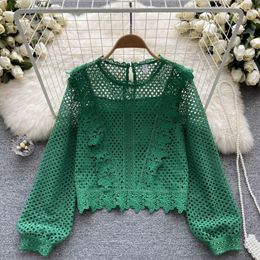 Women's Blouses Autumn Fashion Fashionable Loose Covering Belly Niche Design Hollow Out Long Sleeve Lace Pretty Tops