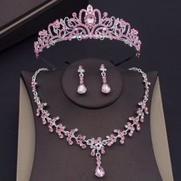 Wedding Jewellery Sets Silver Colours Pink Crystal Combs Tiaras Bridal for Girls Party Prom Crown Dress Earrings Necklace 230303
