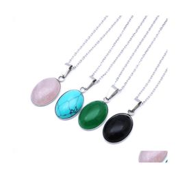 Pendant Necklaces Fashion Oval Stone Style Pink Green Black Crystal Stainless Steel Necklace For Women Jewelry Drop Delivery Pendants Dh6Gd