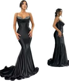 Black Evening Dresses Arabic Dubai Sexy Beaded Spaghetti Straps Mermaid prom Gowns Women Party Occasion Vestidos BC15355