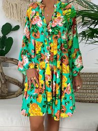 Casual Dresses Plus Size Dress Women Fashion Buttons v Neck Long Sleeve Summer Loose Floral Print Short Mini Beach8fu4