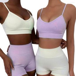 Active Sets Women Solid Color Sportswear Set Sleeveless Low-cut Backless Camisole High Waist Short Leggings Lady Summer Tracksuits Outfits