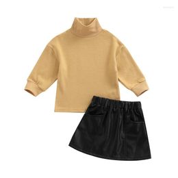 Clothing Sets 1-6years 2pcs Girls Spring Fall Outfit Toddlers Solid Colour Long Sleeve Mid Collar Tops Pu Leather Short Skirt Set