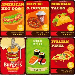 Coffee Donuts Plaque Pizza Vintage Metal Painting Sign Cafe Kitchen Home Decor Mexican Tacos Tin Plate American Diner Wall Posters 30X20cm W03