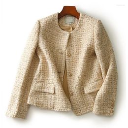 Women's Jackets Gold Line Weave Wool Tweed Jacket Women High Quality Elegant Korean 2023 Fashion Autumn Single-Breasted Short Woolen Coat
