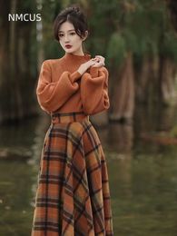 Two Piece Dress NMCUS Fall Winter 2023 Women s Set Yellow Half Turtleneck Check Patchwork Vintage Knit Sweater Zipper Sweet Elegant Skirt 230303