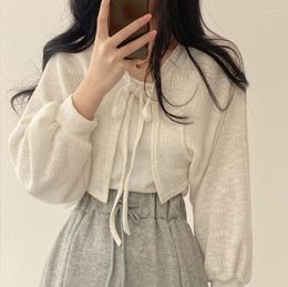 Women's Knits 2023 Thin White Bandage Lantern Sleeve Cardigan Short Coat Pull Femme Wild Black Grey Knitwear Top Kimono Casual Tshirt