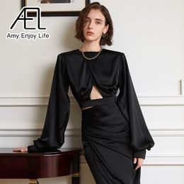 Women s Blouses Shirts AEL Elegant Satin Blouse Women O neck Loose Crop Top Long Sleeve Solid Color Office Ladies Fashion Streetwear Black 230303