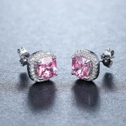 Stud Earrings Luxury Female Pink Stone Zircon Square Fashion Silver Color Wedding Jewelry Vintage Double For Women