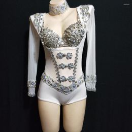 Stage Wear Fashing Silver Rhinestones White Dance Outfit Bodysuit Long Tail CostumDancer Show Evening Prom Leotard Skirt