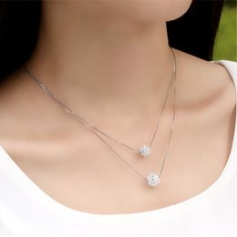 Pendant Necklaces Short Korean Double-layer Drill Ball Clavicle Chain Silver Color Temperament Personality Fashion Female Necklace SNE136Pen