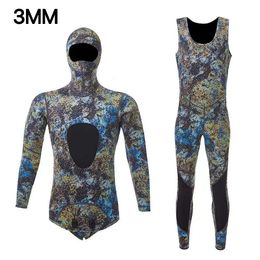 Wetsuits Drysuits Camouflage Long Sleeve Fission Hooded 2 Pieces Of 1 5 3MM Neoprene Submersible Suit For Men Keep Warm Waterproof Diving 230303