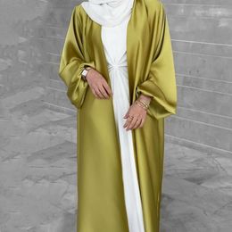 Ethnic Clothing Satin Open Abaya Kimono Turkey Bubble Sleeve Abayas For Women Dubai Muslim Fashion Hijab Dress Islam Modest Outfits Kaftan