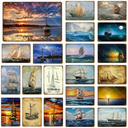 Vintage Ocean Sailing art painting Boat Ship Art Prints Metal Poster Retro Tin Signs For Pub Bar Cafe Room Wall Decor Sailboat Personalised tin Plaque Size 30X20CM w02