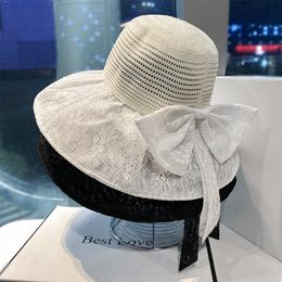 Berets Bow Fisherman Hat Women's 2023 Summer Fashion Hollowed Knitted Bucket Big Brim Thin Lace Sun Female ProtectionBerets