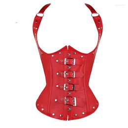 Women's Shapers PU Corset Waist Trainer Steel Boned Halterneck Leather Underbust High Quality 2 Colours Choice Rivets And Buckles Decorated