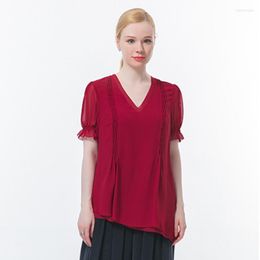 Women's T Shirts Silk Georgette Wine Red V-neck Lantern Short Sleeve High Quality Hem Three-dimensional Decoration Summer Loose T-shirt