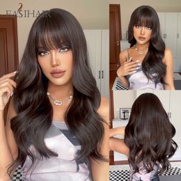 Synthetic Wigs Easihair Long Dark Brown Synthetic Wig Women's with Bangs Water Wave Heat Resistant for Women Daily Cosplay Natural Hair 230227