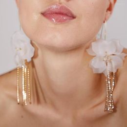 Dangle Earrings Boho Fashion White Rhinestone Flower Gold Colour Crystal Metal Tassel For Women Vintage Earring Jewellery Party Gift