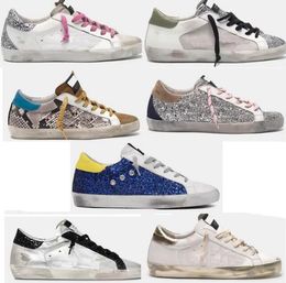 Gold superstar sneakers metal casual shoes classic old dirty shoes snakeskin heel suede cream sole female men's white leather plaid flat-bottomed shiny shoes.