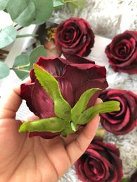 Decorative Flowers 10pcs Burgundy Silk Rose Heads Artificial In Wholesale Fake For DIY Wedding Home Decoration